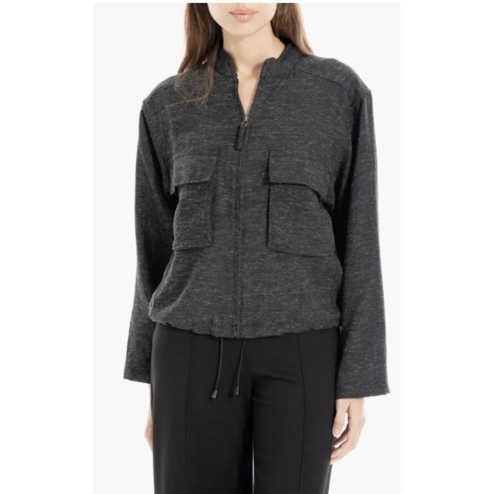 Max Studio Women's Space Dye Full Zip Drawcord Crop Utility Jacket Black Small